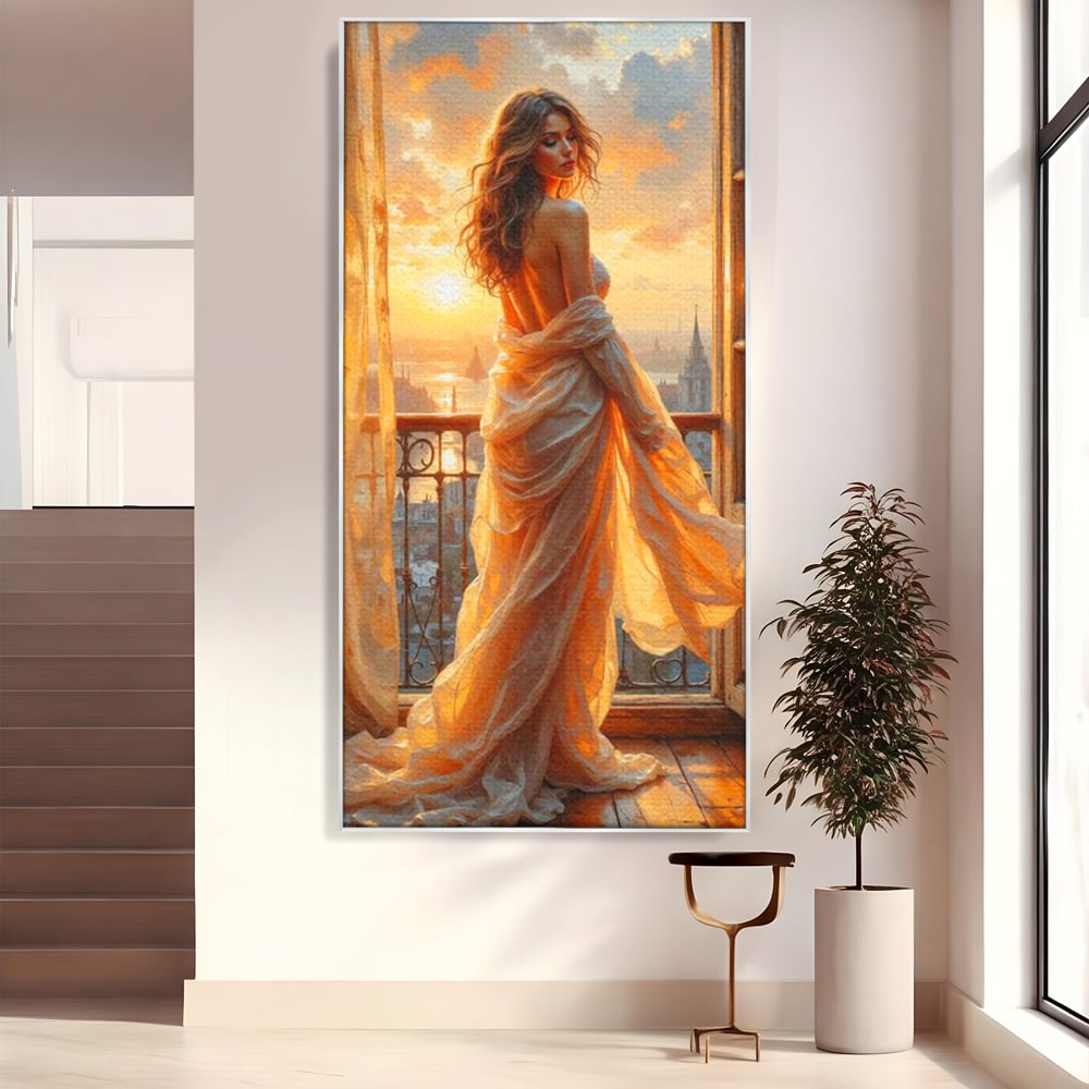 Tablou canvas cu tablou canvas cu femeie la fereastra, in rama de aluminiu argintiu